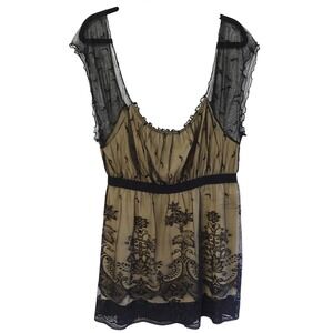 NWT VTG‎ Y2K Deadstock Black Lace Sheer Mesh Babydoll Top Tunic Fairy Grunge Lg